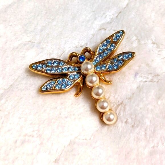 Vintage 80's Swarovski Blue Crystals and Faux Pearl Dragonfly Brooche - Picture 3 of 7
